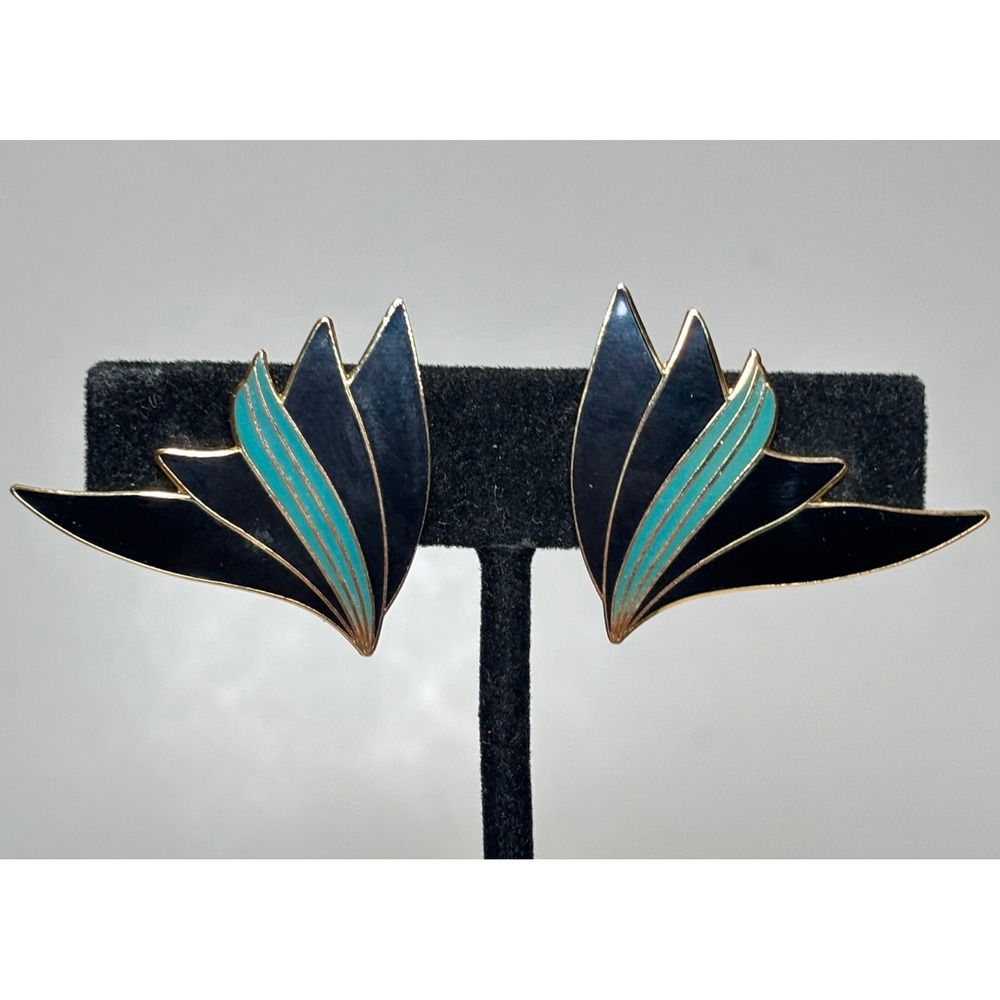 1980s Art Deco Enamel Clip on Earrings Isle of Skye Bird of Paradise Gold Tone